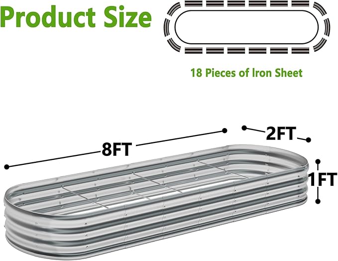 zizin Oval Galvanized Raised Garden Bed Kit 8x2x1ft Metal Planter Box for Outdoor Vegetables, Silver