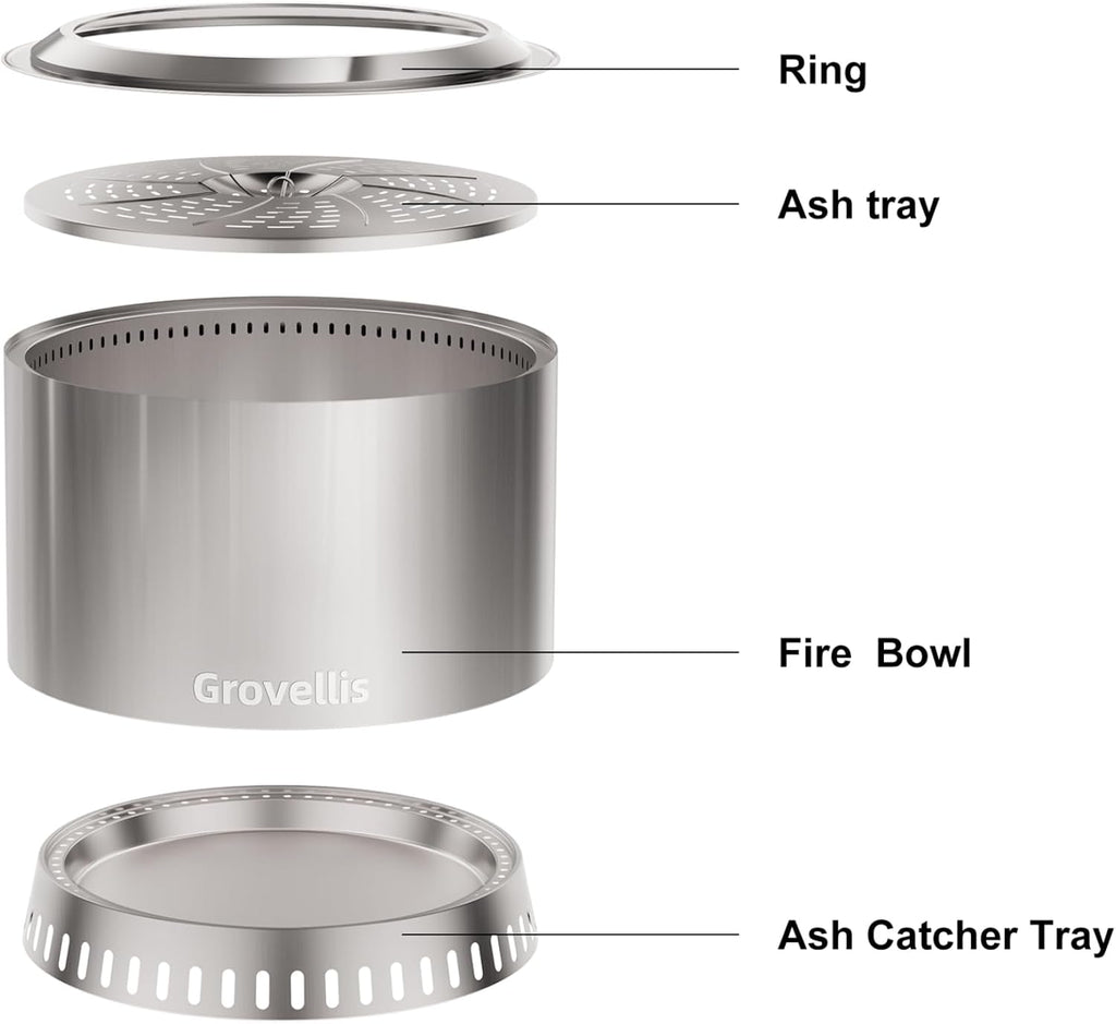 27 inch smokeless fire pit with waterproof cover showing dimensions
