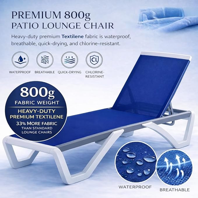 Kozyard Outdoor Chaise Lounge Chair, Full Flat Adjustable Patio Lounger with Aluminum Frame & Resin Legs, Textilene Fabric for Poolside, Backyard & Beach (Blue, Chair with Table)