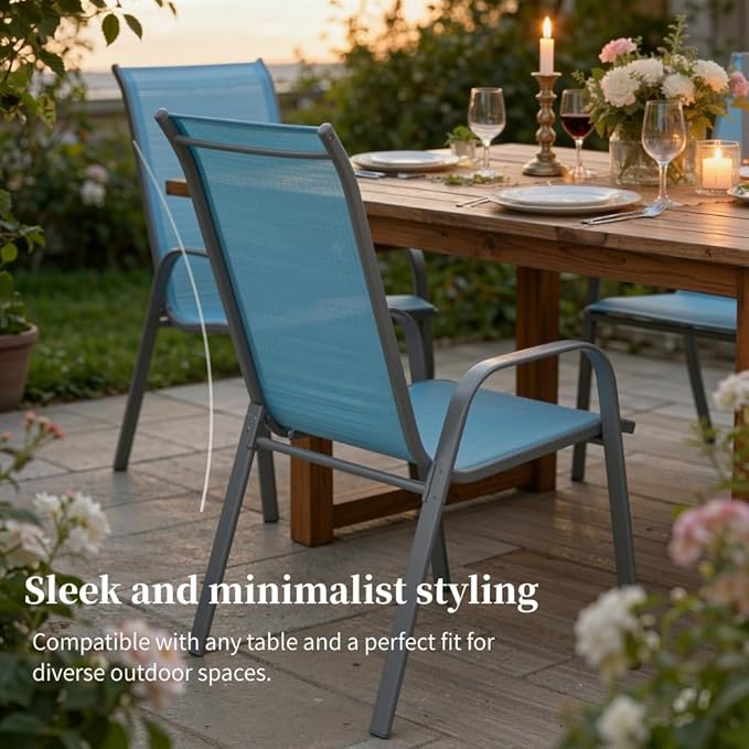MAMIZO Patio Dining Chairs, Stackable All Weather Teslin Chair, Heavy Duty Outdoor Breathable Chairs Set, w/Armrests, Upgraded Chair FeetW/Strenthened Iron Spacers, 330 LBS (8, Turquoise Blue)