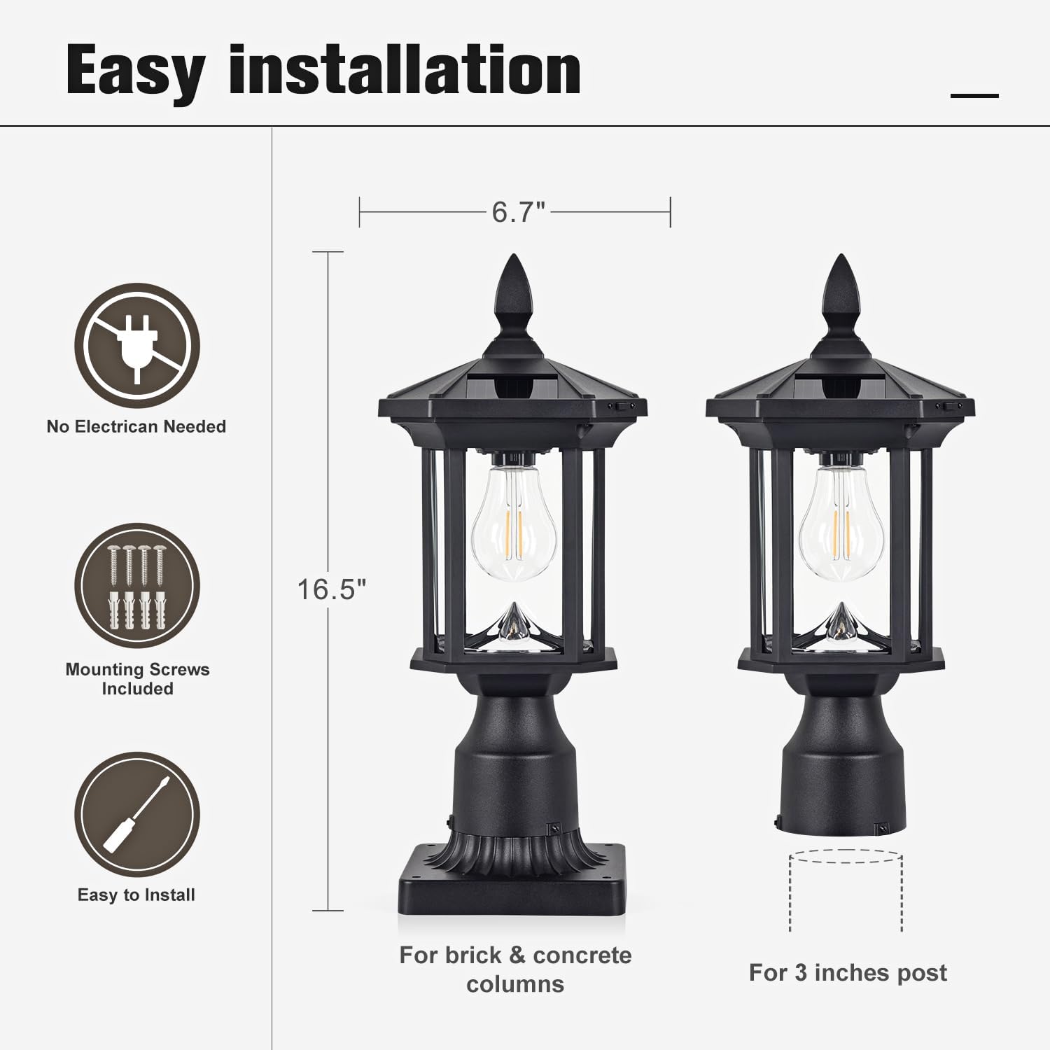 Solar Post Light, Outdoor Waterproof LED Pillar Lights with Glass and Pier Mount Base Solar Lamp Post Light ST4368Q Fits 6x6 Wooden Posts for Gates Yard Pole Column Garden Deck Pathway Driveway
