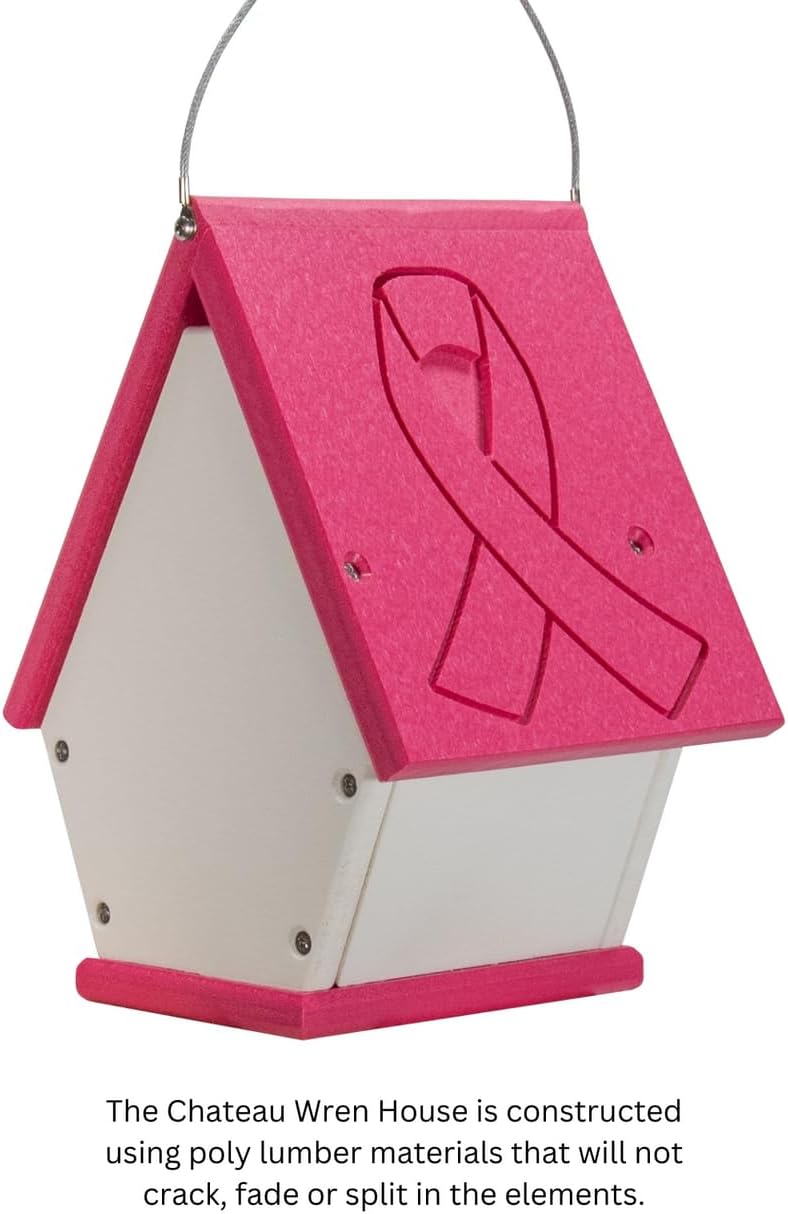 Recycled Poly Lumber Wren Chateau Birdhouse - Made in The USA - Perfect Garden and Backyard Birdhouse for Wrens, Chickadees, and Warblers! (Pink/White)