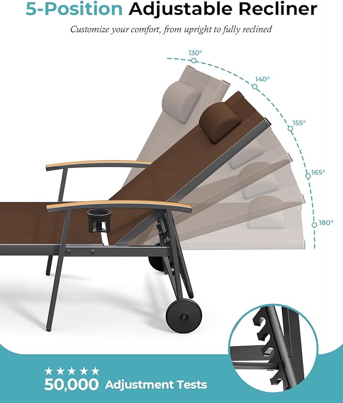 Ciokea Outdoor Lounge Chair with Pillow, 5-Position Aluminum Chaise Lounge with Wheels & Armrests, 400 lbs Heavy Duty Patio Pool Chair for Deck, Backyard, Beach & Poolside, Brown