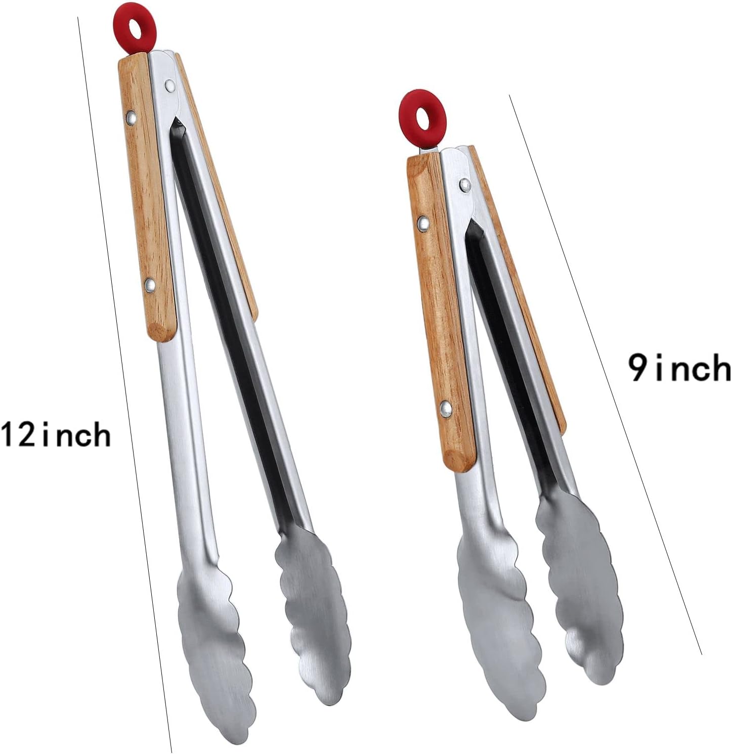 Stainless Steel Kitchen Tongs Set of 2-9" and 12",Locking Metal Food Tongs with Acacia Wood Grips,Barbecue Tongs for Pans and BBQ