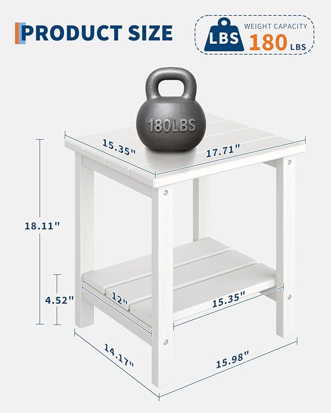 GarveeLife Outdoor Side Table 2-Tier, 18 in HDPE All Weather Resistant Patio Side Tables for Outside, End Table for Patio Pool Deck Indoor Backyard, White-2Pcs