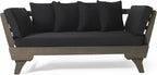 Merax Outdoor Patio Daybed Sofa,3-Seat Sofa with Foldable Arm 4 Back Pillows,Teak Acacia Wood Frame Beige Removable Cushion,Grey+Black