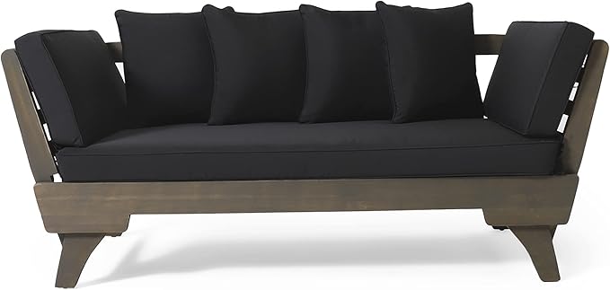 Merax Outdoor Patio Daybed Sofa,3-Seat Sofa with Foldable Arm 4 Back Pillows,Teak Acacia Wood Frame Beige Removable Cushion,Grey+Black