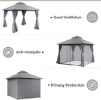 LAUSAINT HOME Semi-Permanent Outdoor Patio Gazebo 10'x10', Heavy Duty Party Tent Shelter with Double Roofs, Mosquito Nettings and Privacy Screens for Backyard, Garden, Lawn, Gray