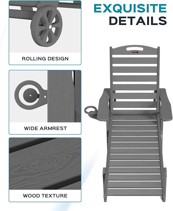 Ciokea Outdoor Chaise Lounge Chair Set of 2, Patio Lounge Chairs for Outside, HDPE Lounge Chairs with Wheels & Cup Holder, Poly Lounge Chair with 5 Position for Poolside, Deck, Dark Grey