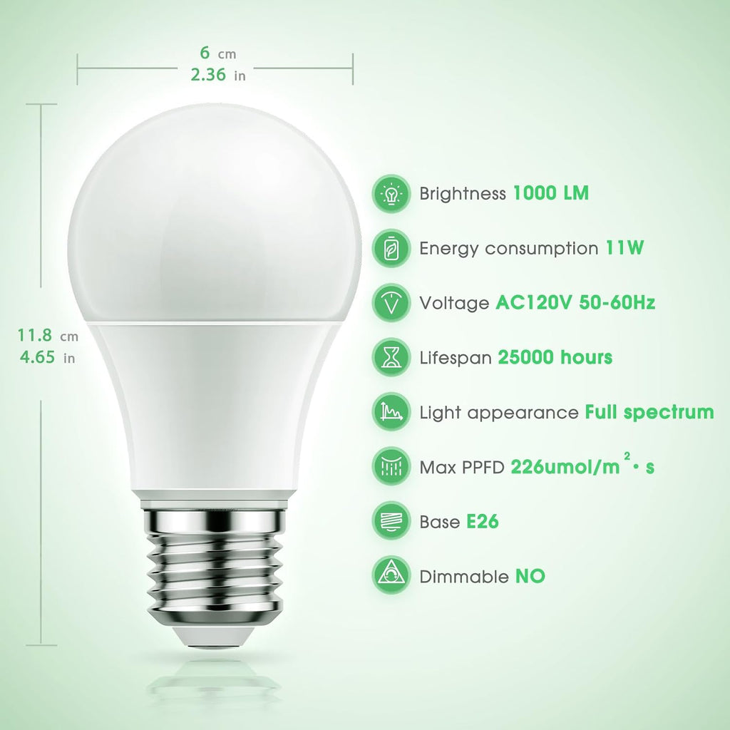 Grow Light Bulbs, Full Spectrum Grow Light Bulb, LED Grow Bulb | Grow Light Bulb A19, Plant Light Bulbs E26, 11W Grow Bulb 100W Equivalent,Grow Light for Indoor Plants, Seed Starting, 3 Pack