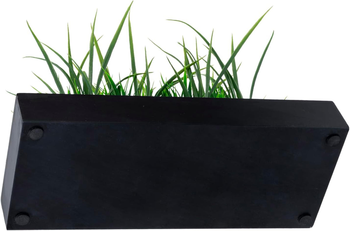 mygift artificial grass plant in rectangular wood planter, front angle view