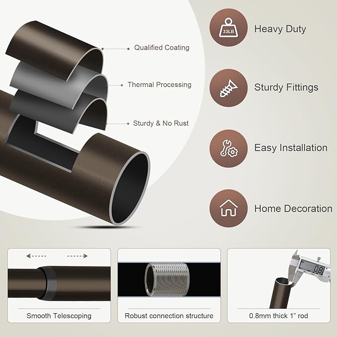 Modern Antique Brown Bronze Curtain Rods for Windows 66 to 120 Inches Adjustable Heavy Duty 1" Diameter Window Rod with Decorative Finials for Outdoor Farmhouse Bedroom Kitchen Living Room