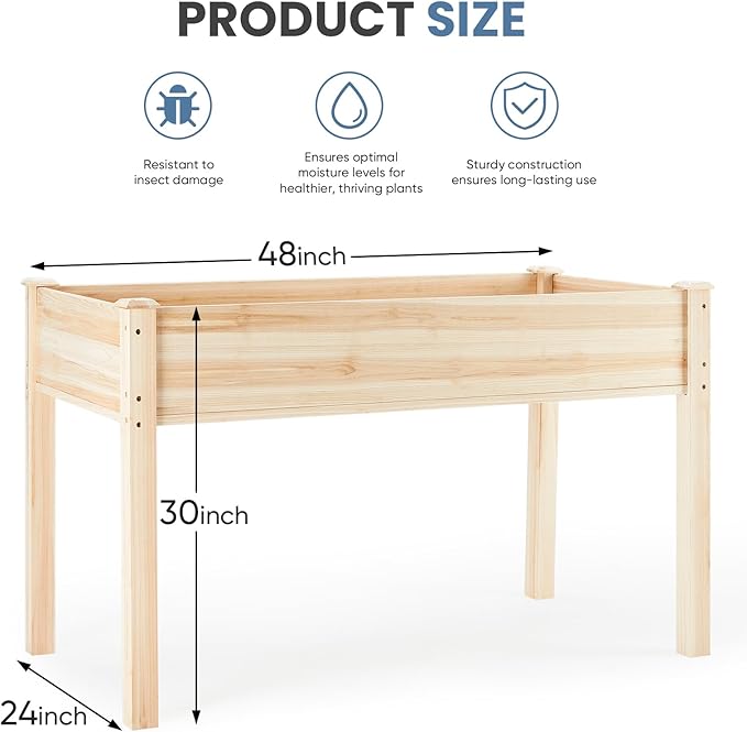 DUMOS Raised Garden Bed with Legs, 48x24x30 Inch Planter Box Outdoor with Liner for Herbs/Flowers/Vegetables, Elevated Wooden Garden Bed for Patio, Balcony and Backyard, Soft Wood