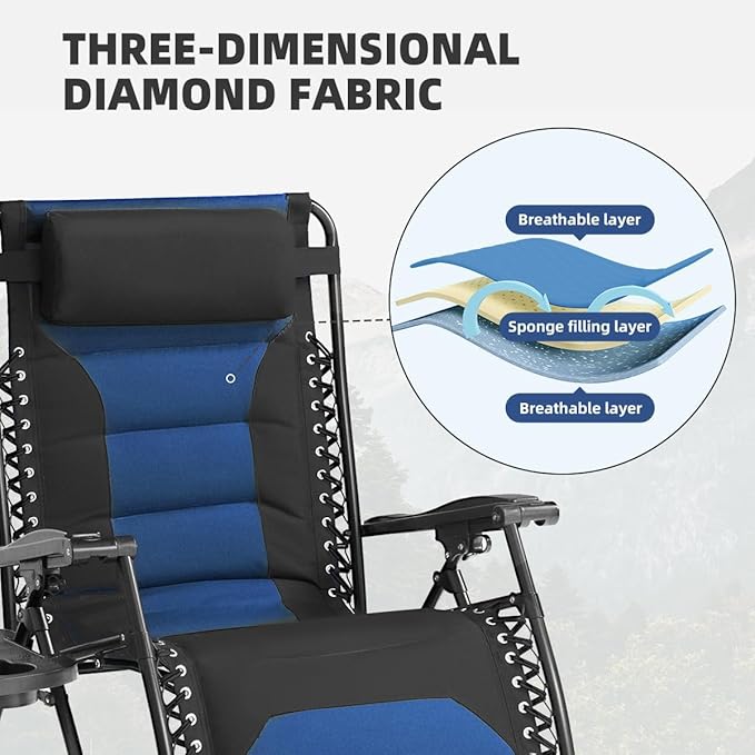 Zero Gravity Chair Oversized Folding Recliner XL, Padded Anti Gravity Lounge Chair with Adjustable Pillow & Cup Holder for Outdoor Camping, Patio, Poolside, Lawn (Black & Blue)