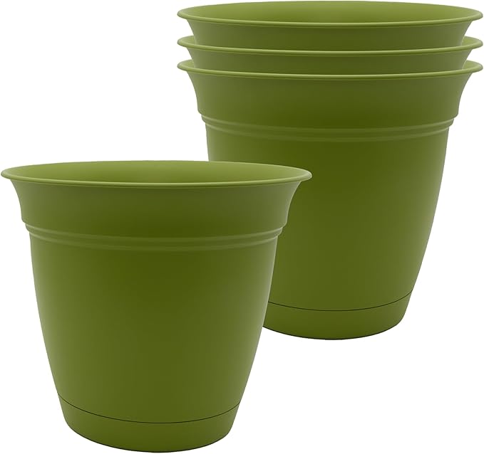The HC Companies 6 Inch Eclipse Round Planter Pots with Drainage Holes & Attached Saucer, Lightweight UV-Resistant Plastic Indoor Outdoor Planters, 4-Pack Flower Pots for Garden & Home Decor, Peridot