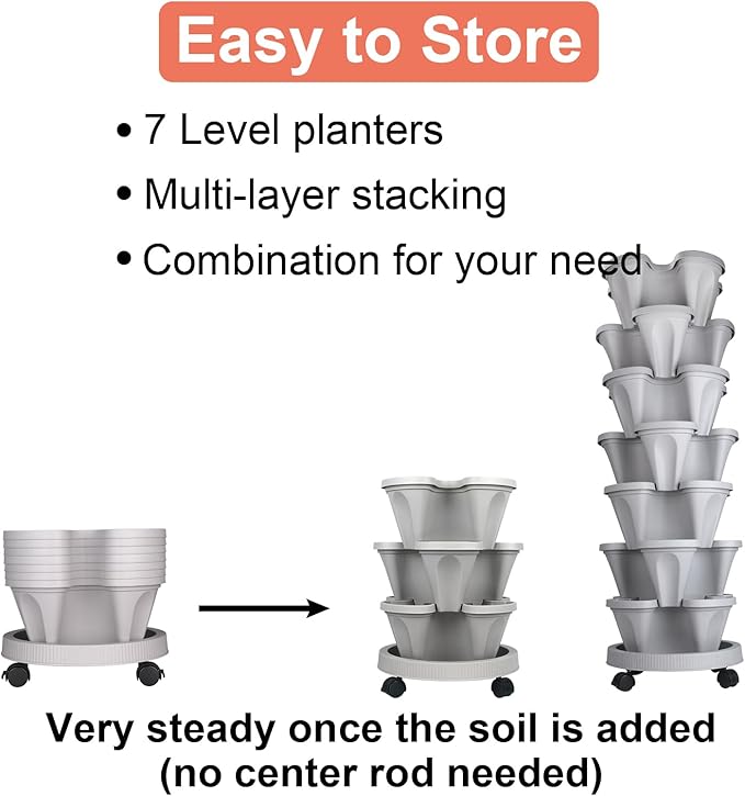 DUNCHATY Stackable Vertical Garden Planter, 7 Tier Herb Planter Pots, Indoor/Outdoor, Gray