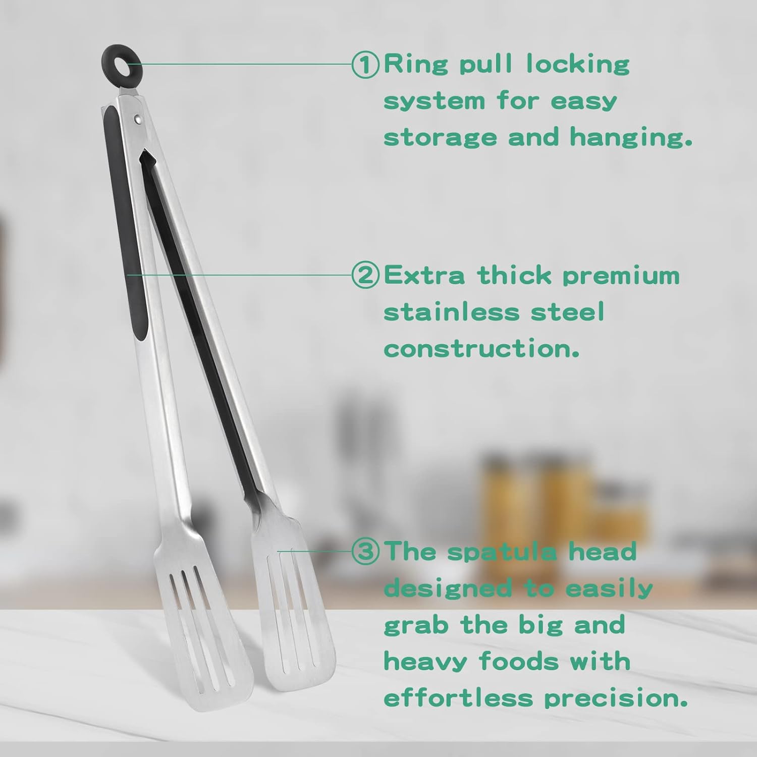 Tongs for Cooking, Set of 2 Metal Spatula Tongs for Grilling, Black | 9 inch & 12 inch, Flat Spatula Head, Comfortable Handle, Strong Grip, Easy Pull Lock, Flipping Utensil