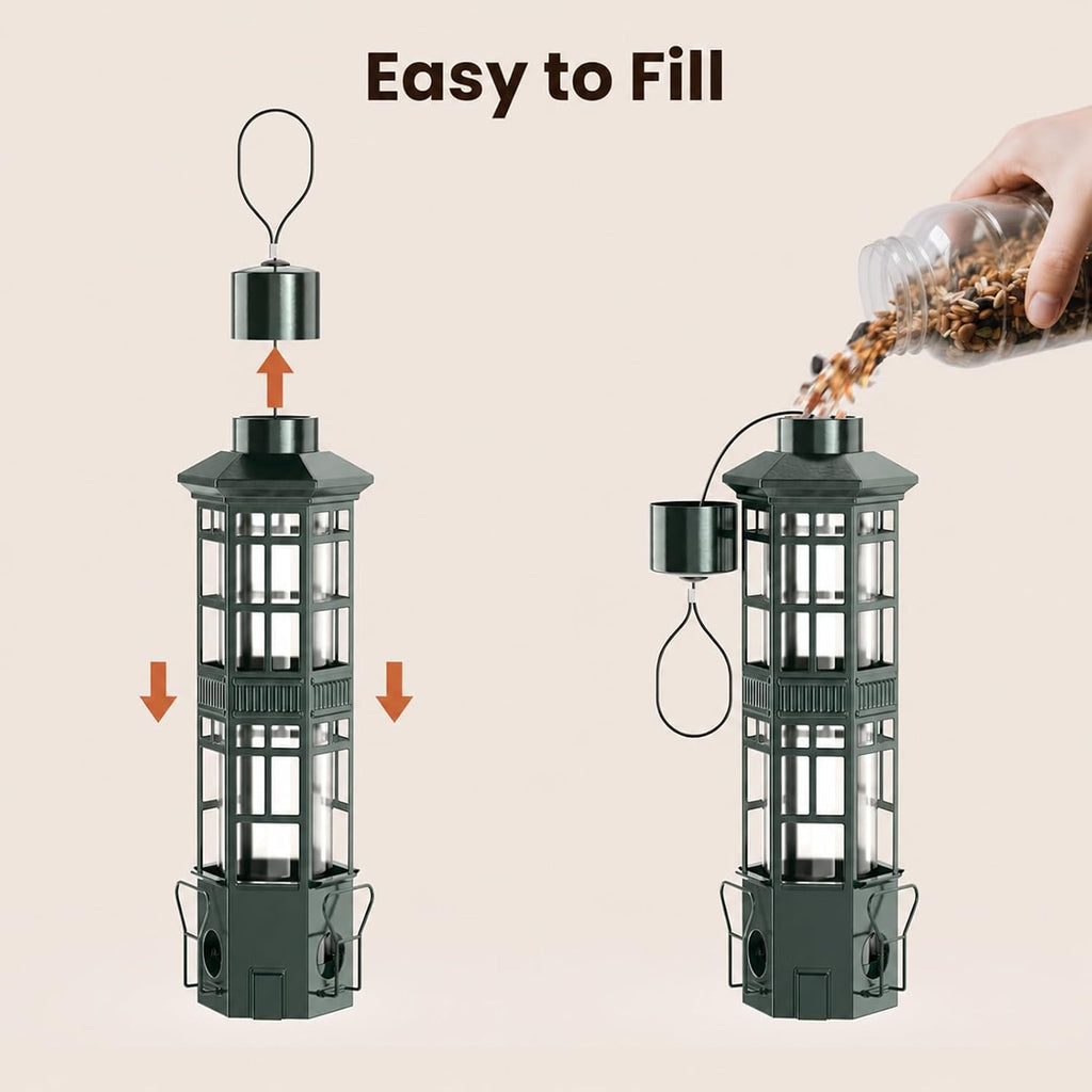 Metal Hanging Squirrel Proof Bird Feeders, Gravity Spring Closure System, Chew Resistant, Large Capacity, Weatherproof Bird Feeders for Outdoors, Olive Green