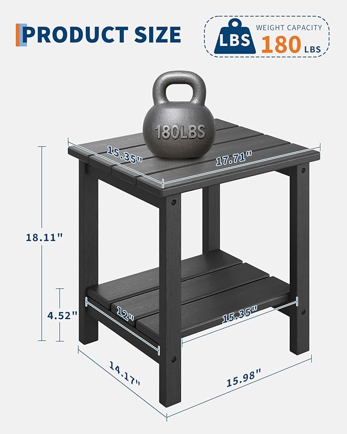 GarveeLife Adirondack Outdoor Side Table 18 x 15 in, HDPE 2-Tier Patio Side Tables for Outside, All-Weather End Table for Patio Pool Deck Indoor Backyard, Black-2Pcs