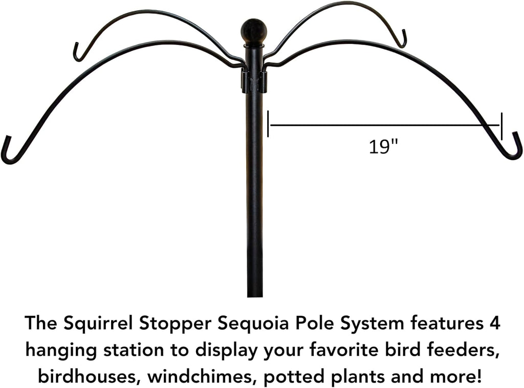 Sequoia Squirrel Proof Bird Feeder Pole System with Patented Spring Baffle, 4 Hanging Stations, Heavy Duty Galvanized Steel with Auger, Adjustable Arms