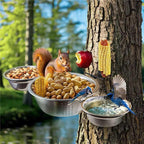 3-Hoop Squirrel/Bird Feeder, 2025 Cute Metal Bowl Outside Tree Mounted,1 x 8.5in Drainage Bowl+2 Corn Cob Spikes for Dry Food,2 x 5in Solid Bowls for Wet Food/Water, Perfect Squirrel Feeders for Yard