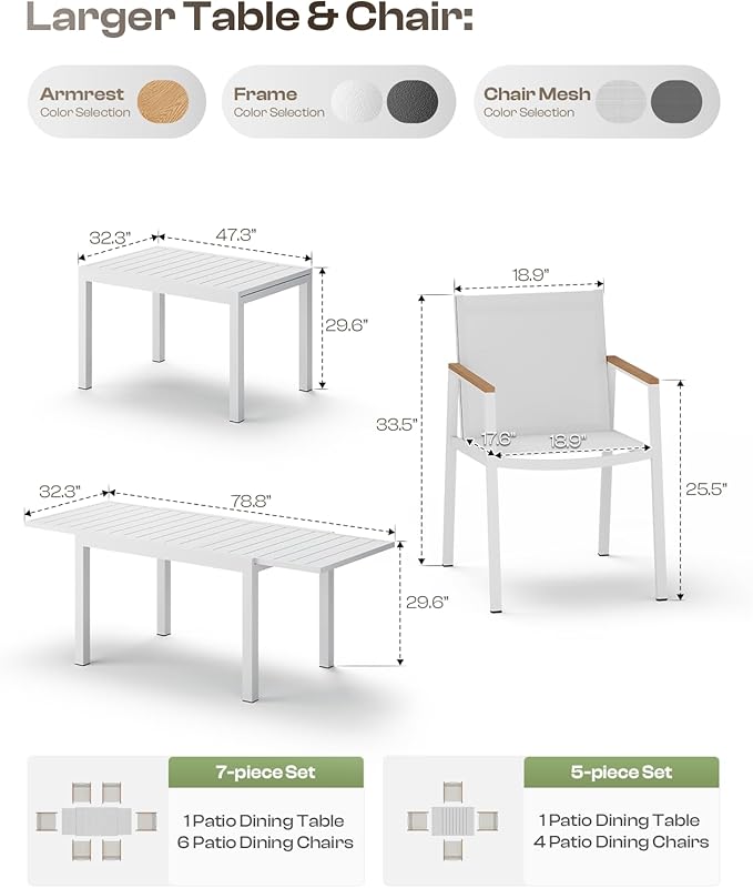 Outdoor Aluminum Patio Dining Table Set for 6-8 Person, Expandable Outdoor Table and 6 Chairs with Textilene Fabric & HDPS Armrest, All-Weather Patio Furniture Set for Yard, Garden, White