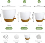 Large Self Watering Pots, 12/10/9 Plastic Planters with High Drainage Holes and Deep Reservoir for Indoor Outdoor Garden Plants and Flowers, White with Brown