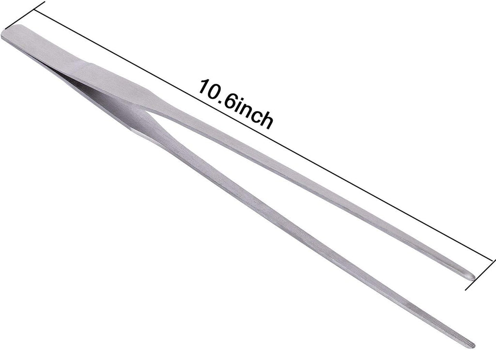 OIIKI Stainless Steel Polished Extra-Long 10.6 inch Tongs Tweezers | Long Tweezers with Precision Serrated Tips for Garden, Kitchen, Indoor & Outdoor