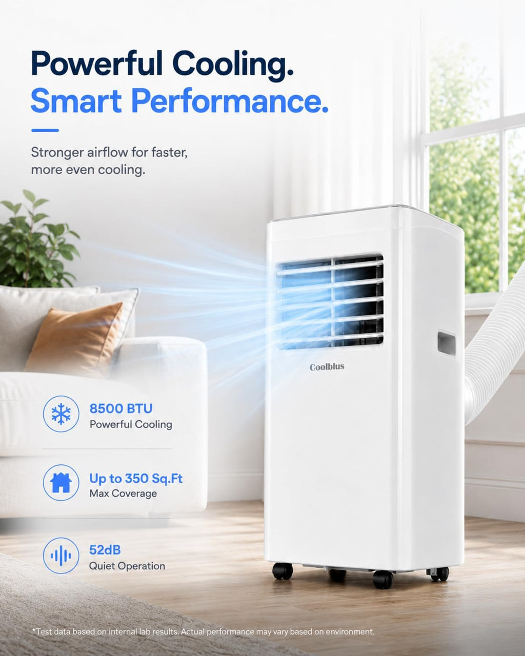 coolblus portable air conditioners, 8500 btu portable ac, side view