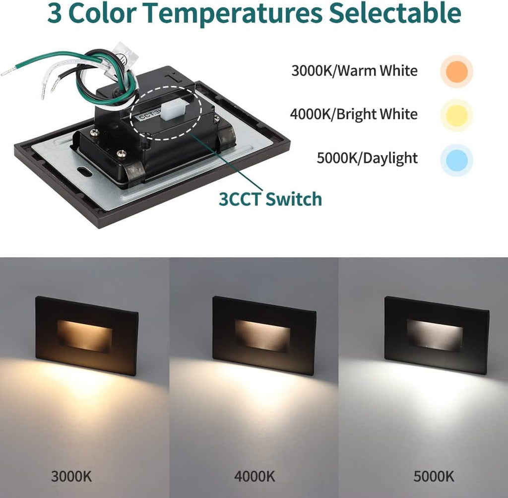 120V Dimmable LED Step Lights, 3000K/4000K/5000K, 12-Pack | Line Voltage 3.5W 175lm Landscape Lighting for Stairway Pathway Patio, Indoor Outdoor Wet Location, Aluminum ORB Finish