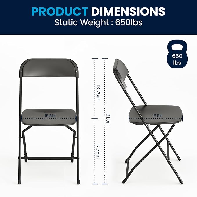 Flash Furniture Hercules Series Plastic Folding Chairs for Parties and Weddings, Stackable Commercial Event Seats with 650-lb. Static Weight Capacity, Set of 2, Black