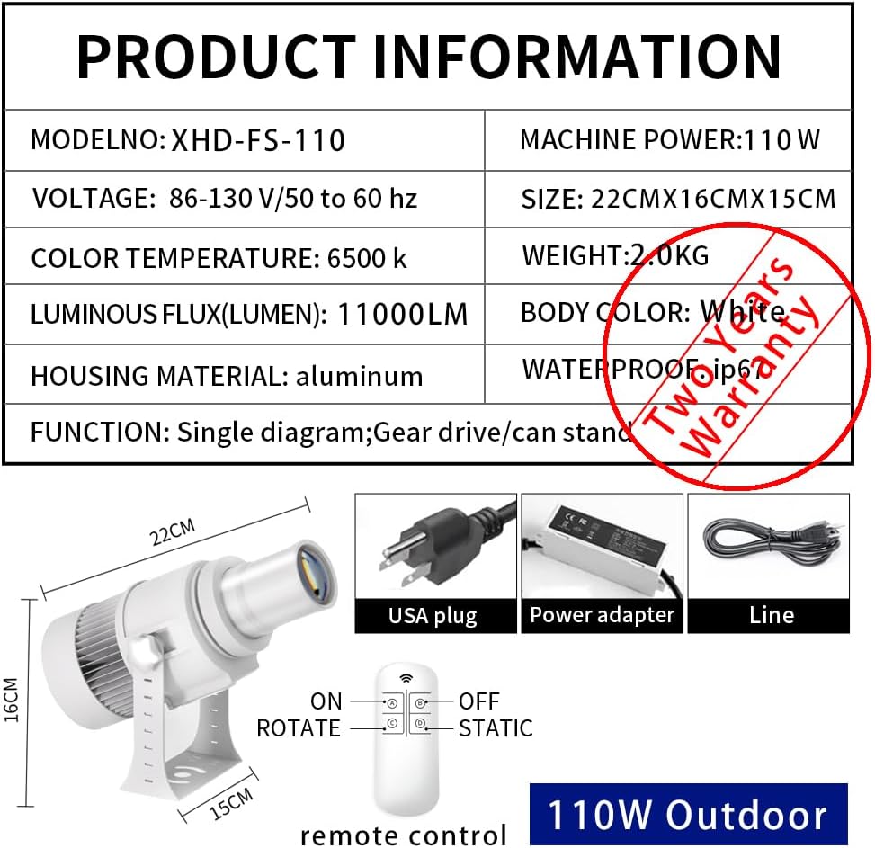 110W GOBO Projector Custom Logo Led Light HD Image for Business Indoor Outdoor Ip67 Waterproof Rotating Advertising Projection Light for Floor Wedding (White)