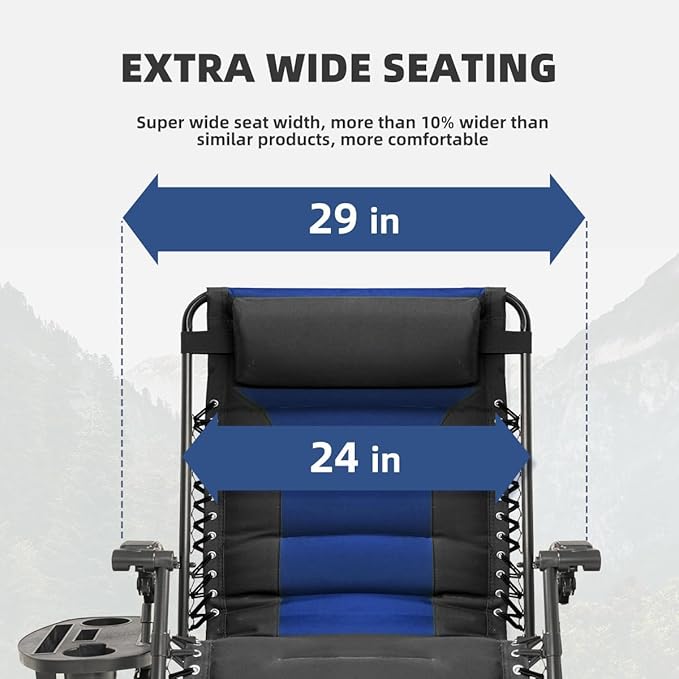Zero Gravity Chair Oversized Folding Recliner XL, Padded Anti Gravity Lounge Chair with Adjustable Pillow & Cup Holder for Outdoor Camping, Patio, Poolside, Lawn (Black & Blue)