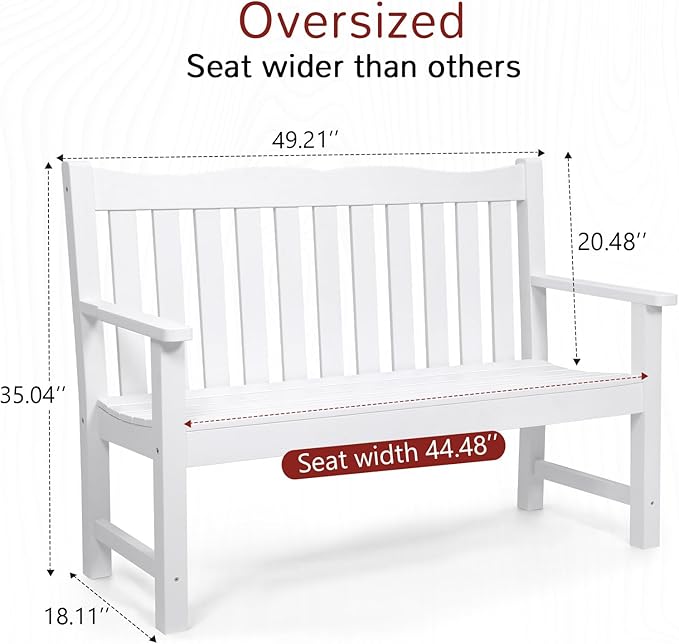 Stoog 2-Person Outdoor Bench, All-Weather HIPS Plastic Garden Bench with 800 lbs Capacity, Never Rot or Fade, Used for Garden, Deck, Backyard and Park, White