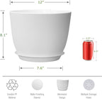 12inch Large Plant Pot, Modern Plastic Planter with High Driange Holes and Saucer for Indoor Outdoor Garden Plants and Flowers, White