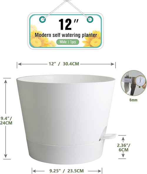 12 inch Large Self Watering Pots for Indoor Outdoor Plants, Flower Plant Pots with Mesh Drainage Holes for Garden House, Plastic Planters with Reservoir for Home, White