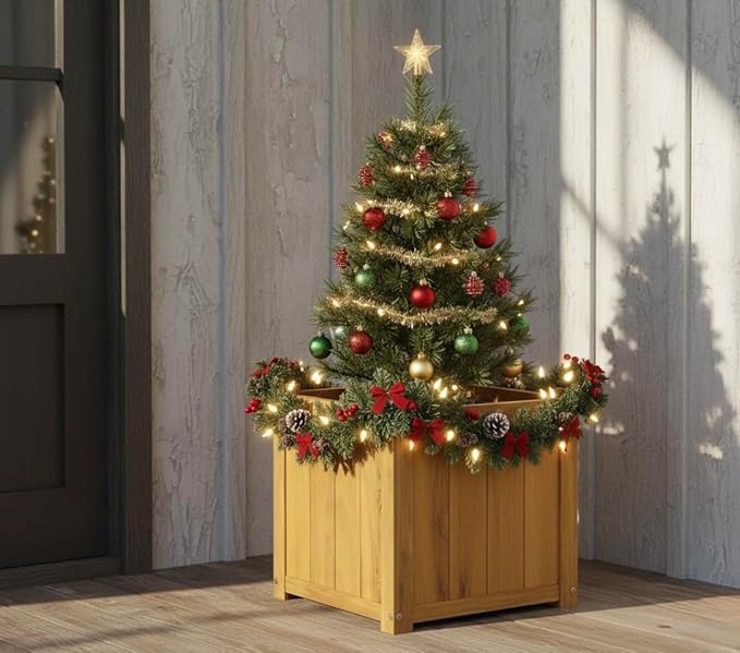 Idzo Acacia Wood Flower Planter Box for Outdoor Plants, 1pc Wooden Raised Garden Bed with Handles, Drainage Holes, Ideal for Garden and Home Décor, Golden Teak