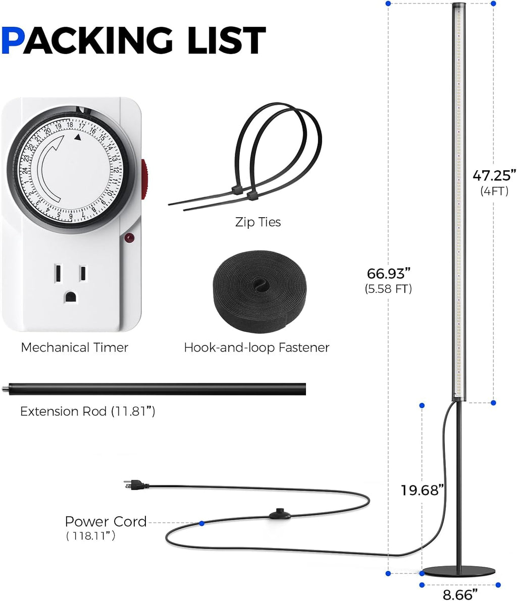Barrina T1S Vertical Grow Light, 65W Full Spectrum, 5FT-5.6FT Height, Black | Mechanical Timer, High PPFD Grow Lights for Indoor Plants, Standing Side Lighting to Stand, Tall Plants, Foot Switch, Black