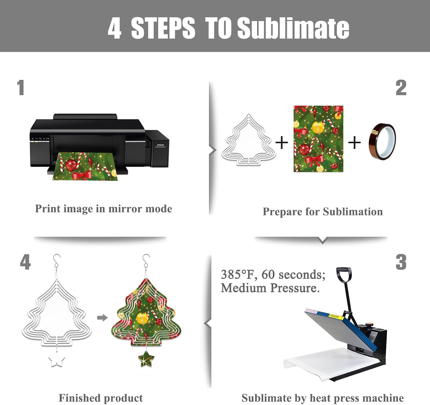 4Pack 8inch Sublimation Wind Spinner Blanks 3D Aluminum Metal Wind Sculpture Kinetic Spinners for Yard and Garden Indoor Art Sublimation Christmas Ornament Hanging Decoration (Xmas Tree)
