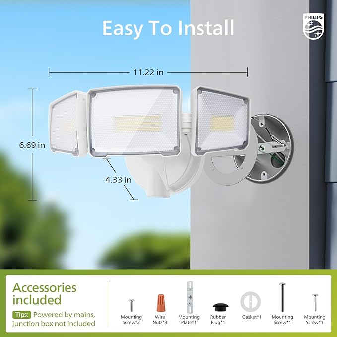 Philips 72W 7400LM LED Flood Lights Outdoor, Switch Controlled Aluminum Security Lights, 3 Adjustable Heads, Wall Mount, 5000K Daylight, Waterproof for Yard, Garage (2 Packs)