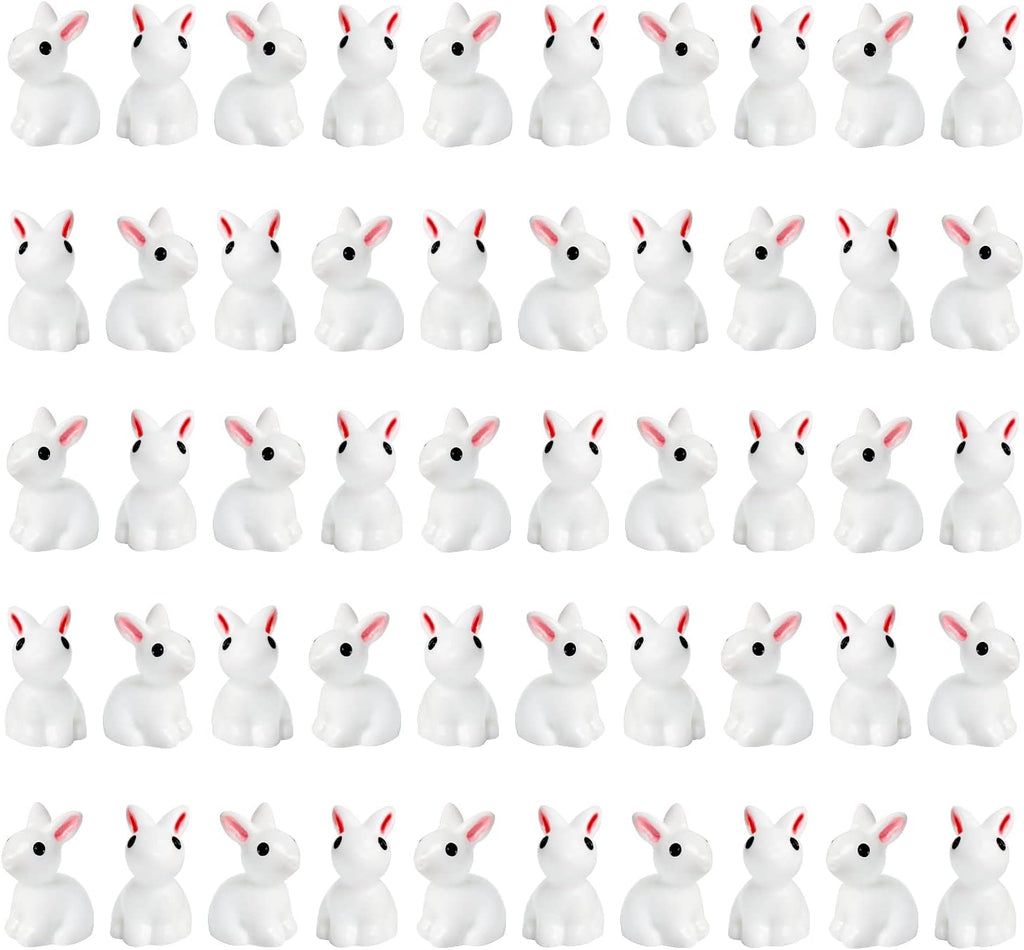 Exasinine 50 Pcs Mini Rabbit Figurines, White Easter Bunny Decor | 50 Mini Resin Rabbits, Easter Egg Fillers, Fairy Garden Ornaments, Dollhouse Cake Decor, Miniature Animal Figures