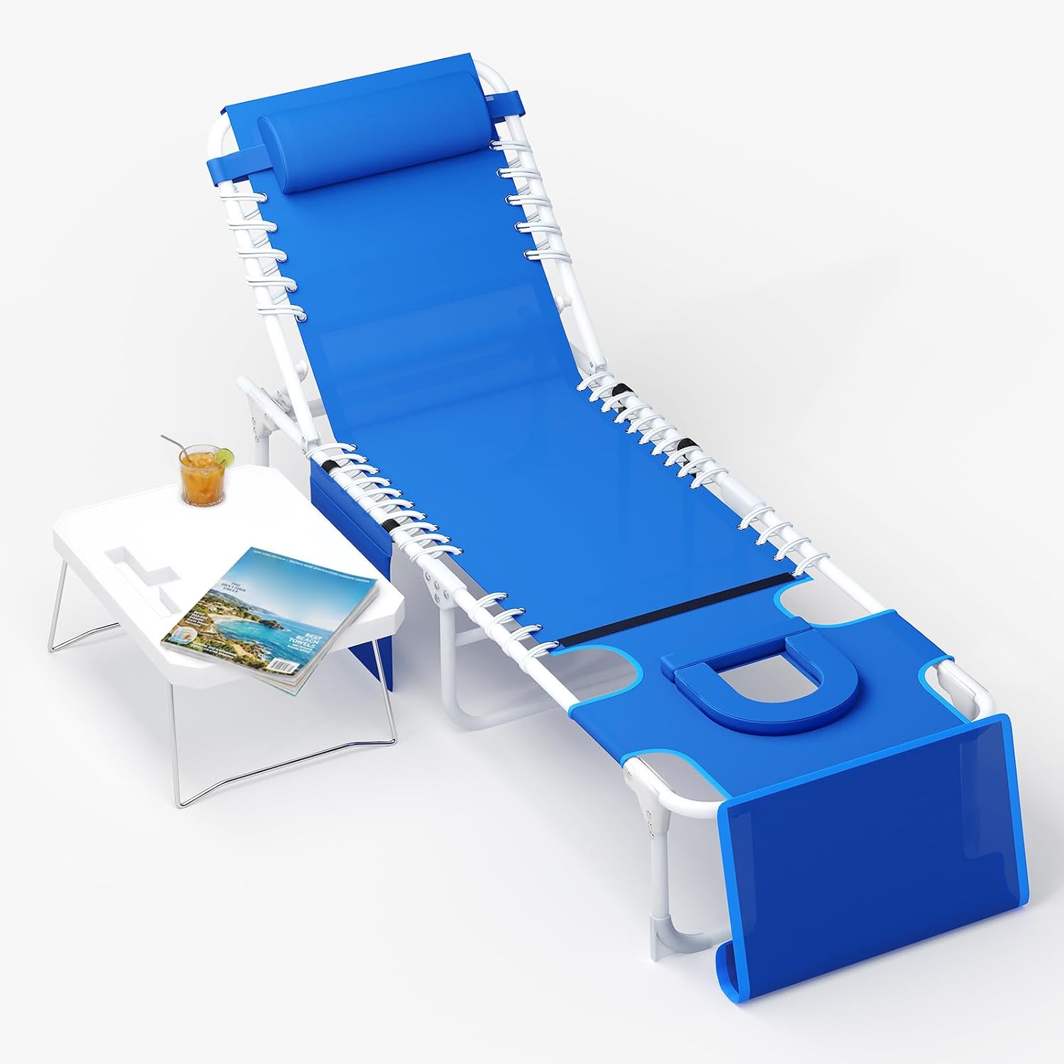 Garvee Tanning Chair with Face Hole, 3-in-1 Outside Beach Lounge Chair with Folding Table, 5 Reclining Positions and Removable Pillow, for Beach, Pool, Patio, Garden -Max 330lbs (Blue) | with Folding Table, 5 Reclining Positions and Removable Pillow, for