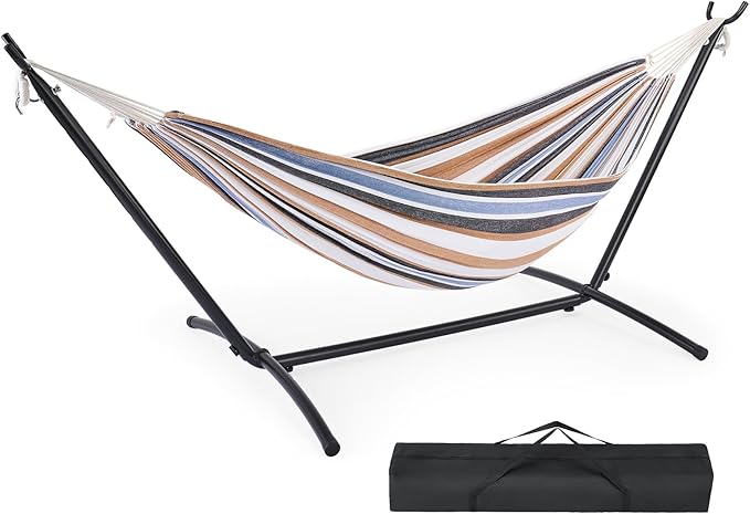 DUMOS Double Hammock with Space Saving Stand, Heavy Duty Steel Frame, Portable for Outside & Indoor Use, 450lbs Capacity, Easy Assembly, Carrying Bag Included, Beige