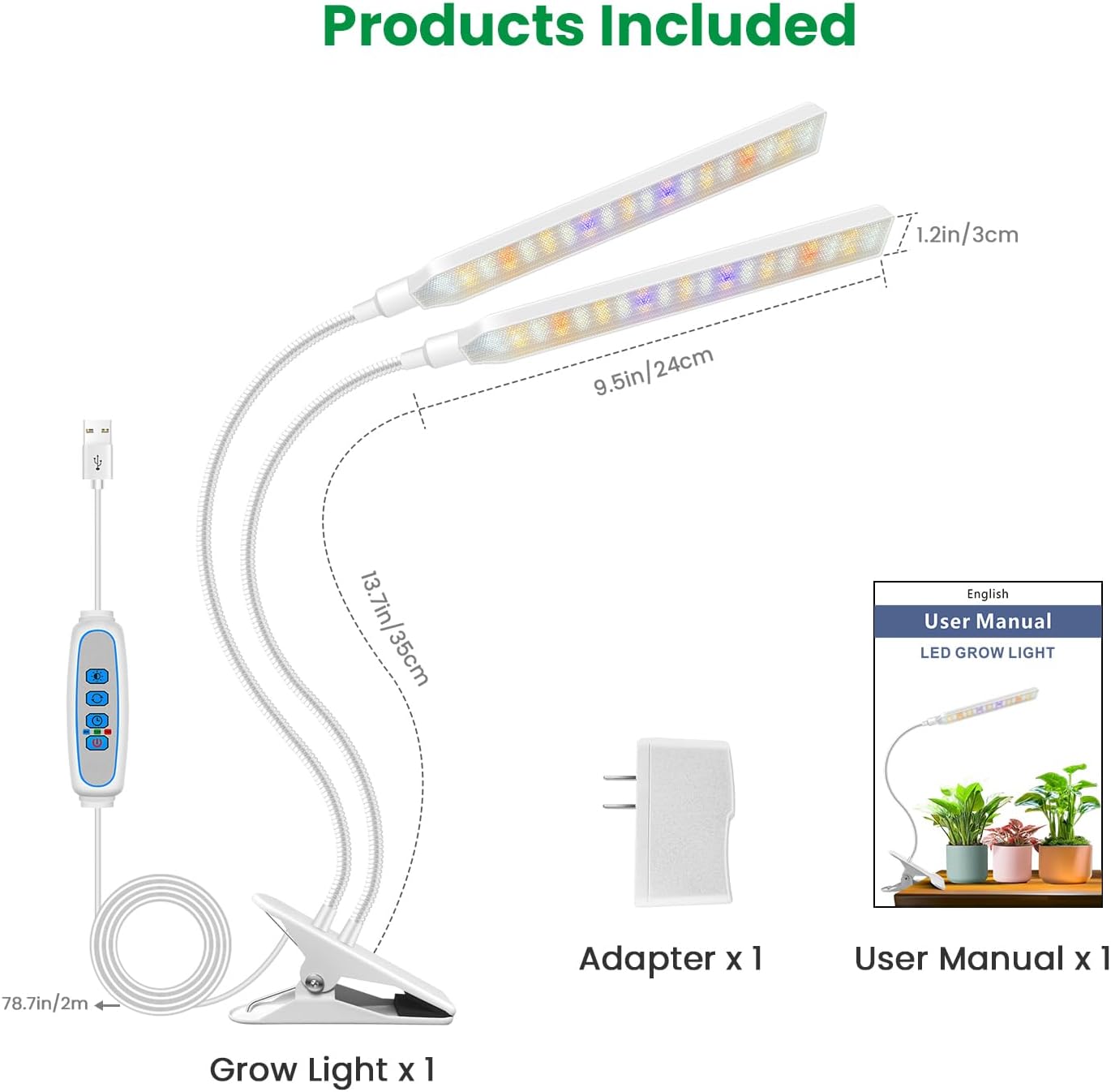 Aumtrly Plant Lights for Indoor Growing, 2 Head White Clip on Grow Lamp | 114 LED Full Spectrum, for Seed Starting, 6/12/16H Timer, 5 Dimming, 3 Light Modes, Flexible Gooseneck, Use Desk and Shelves