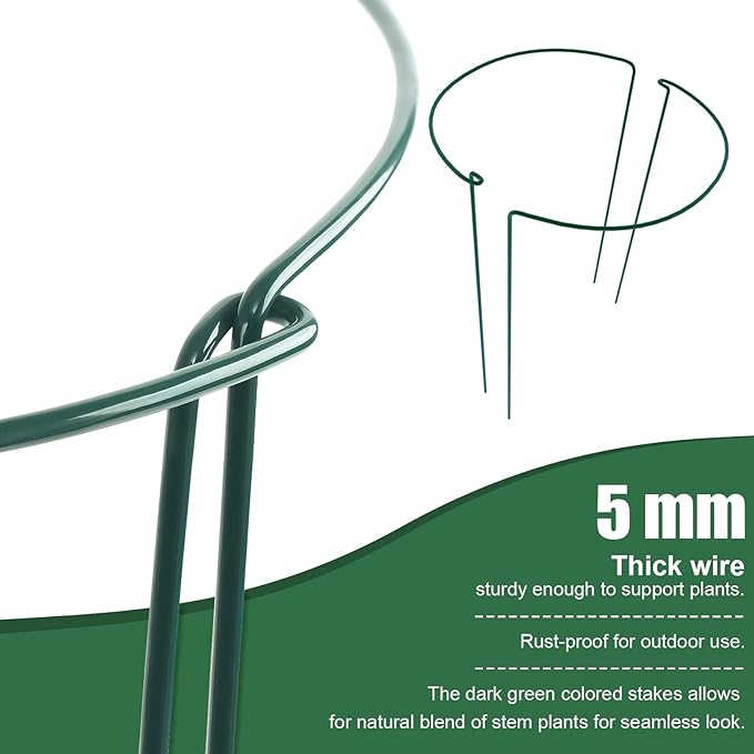 FEED GARDEN 6 Pack Plant Support Stakes, Peony Cages and Supports, Metal Garden Plant Stake(10" Wide x 16" High) Green Half Round Plant Support Rings for Outdoor Indoor Plants, Tomato, Hydrangea