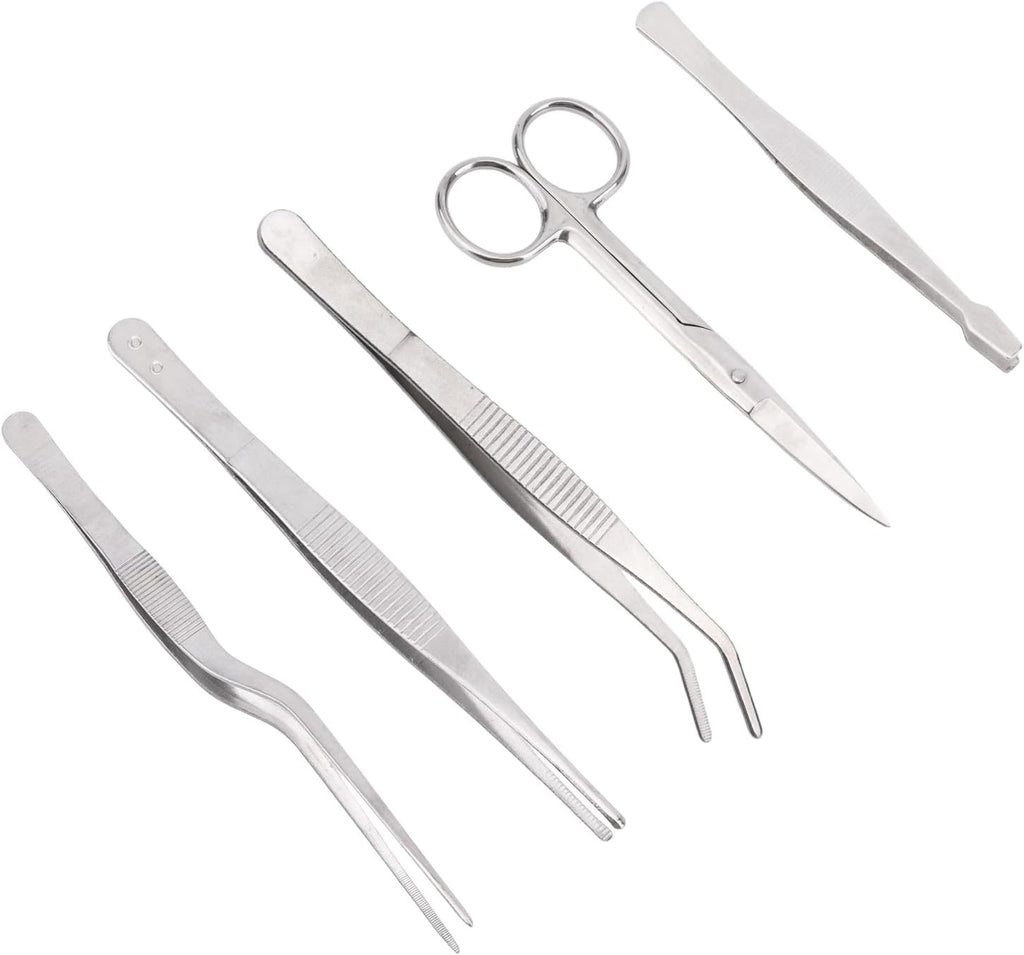 5pcs Plant Tweezers and Scissors, Long Stainless Steel Garden Bend Tongs Set with Straight Curved Flat Point Tip Multiple-Use Gardening Tools for Bonsai Reptile Feeding Kitchen Use