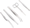 5pcs Plant Tweezers and Scissors, Long Stainless Steel Garden Bend Tongs Set with Straight Curved Flat Point Tip Multiple-Use Gardening Tools for Bonsai Reptile Feeding Kitchen Use