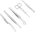 5pcs Plant Tweezers and Scissors, Long Stainless Steel Garden Bend Tongs Set with Straight Curved Flat Point Tip Multiple-Use Gardening Tools for Bonsai Reptile Feeding Kitchen Use