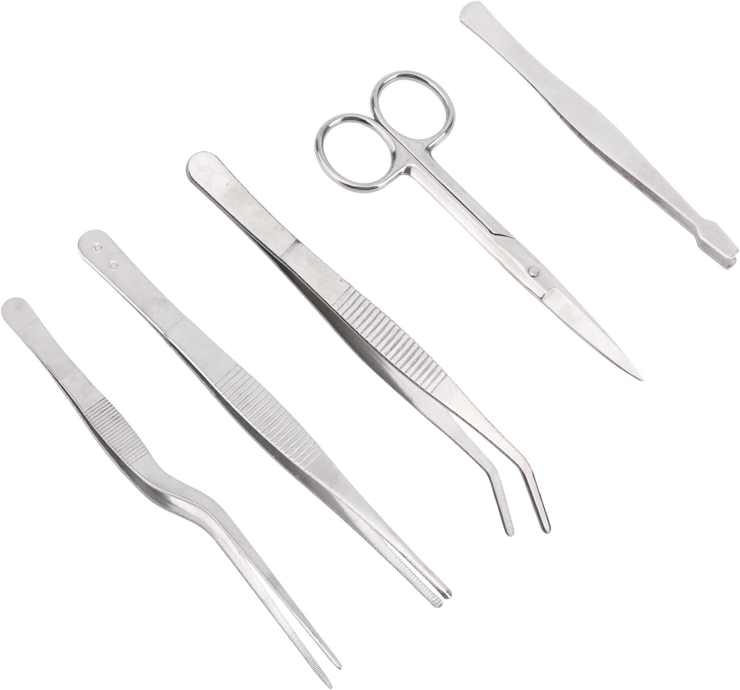 5pcs Plant Tweezers and Scissors, Long Stainless Steel Garden Bend Tongs Set with Straight Curved Flat Point Tip Multiple-Use Gardening Tools for Bonsai Reptile Feeding Kitchen Use