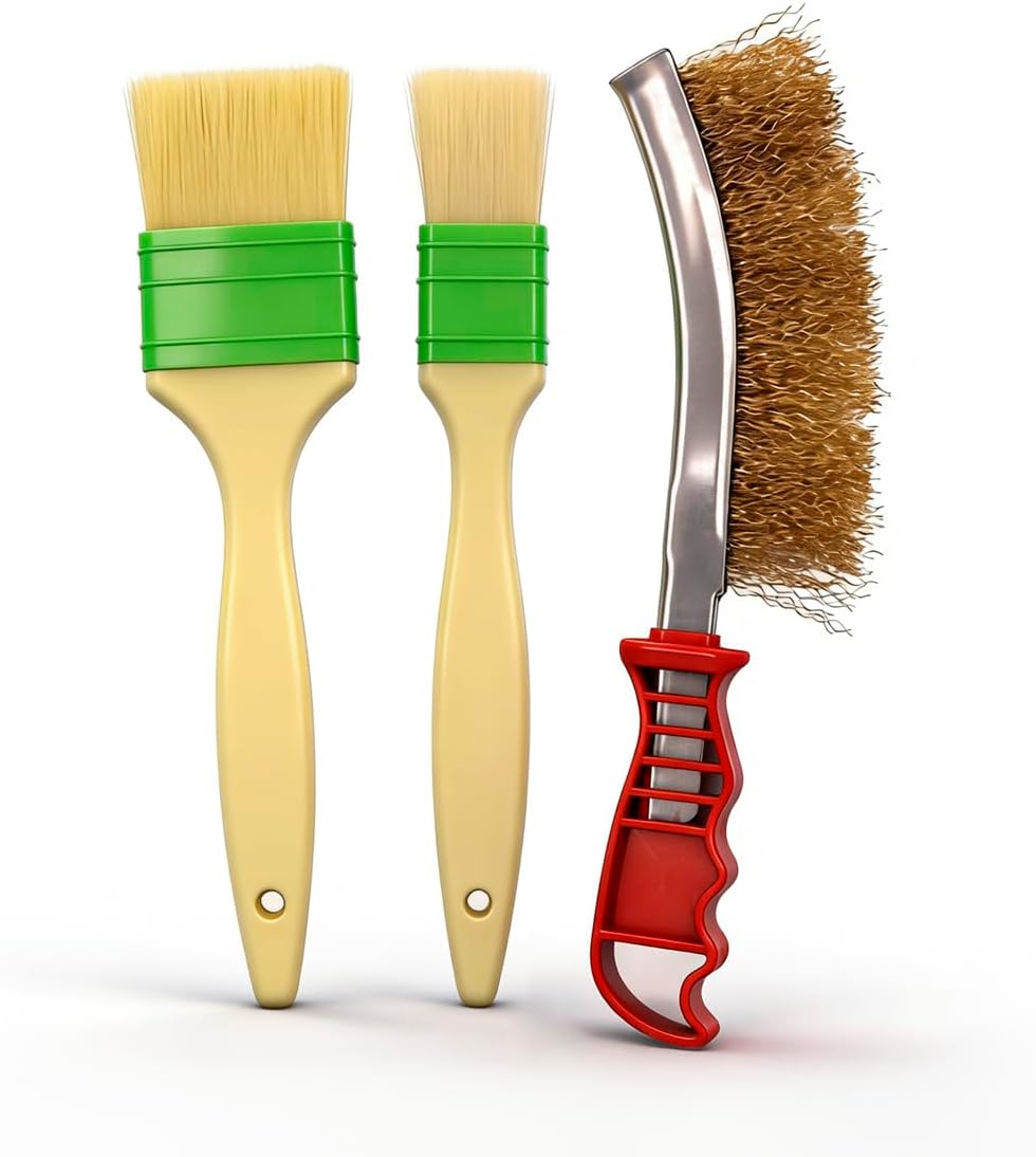 BBQ Grill Brush Set with Wire Scraper and Basting Brushes, 3-Piece, 1 in and 2 in Pastry Brushes for Cooking
